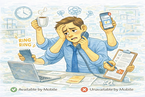 멀티태스킹이 업무 효율을 망치는 이유를 보여주는 여러 업무를 동시에 처리하는 직장인의 모습