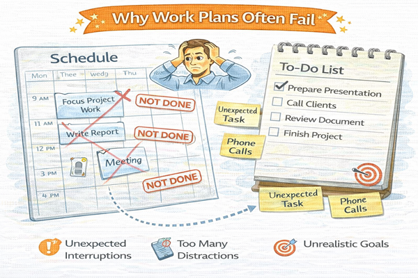 업무 계획을 세워도 지켜지지 않는 이유를 보여주는 일정표와 할 일 목록
