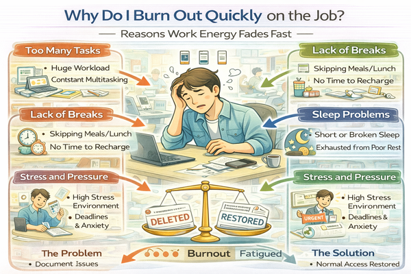 업무 에너지가 빨리 소모되는 이유를 보여주는 피로한 직장인의 업무 상황