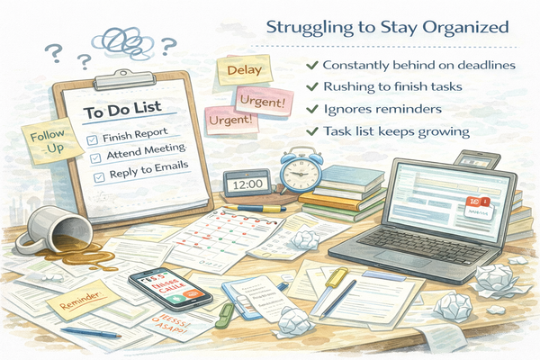 업무 정리가 안 되는 사람의 특징을 보여주는 정리되지 않은 책상과 할 일 목록