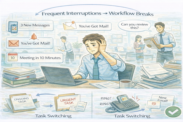 업무 흐름이 자주 끊기는 이유를 보여주는 알림과 업무 전환 상황