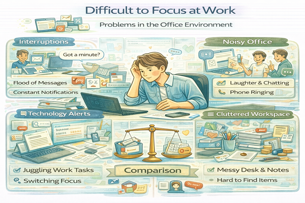 업무에 몰입하지 못하는 환경의 문제를 보여주는 사무실 상황