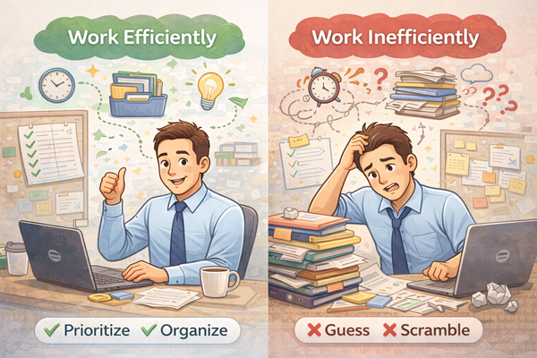 일 잘하는 사람과 그렇지 않은 사람의 업무 방식 차이를 보여주는 모습