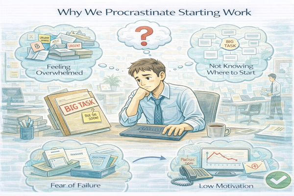 일을 미루게 되는 근본 원인을 보여주는 업무 시작을 고민하는 직장인의 모습