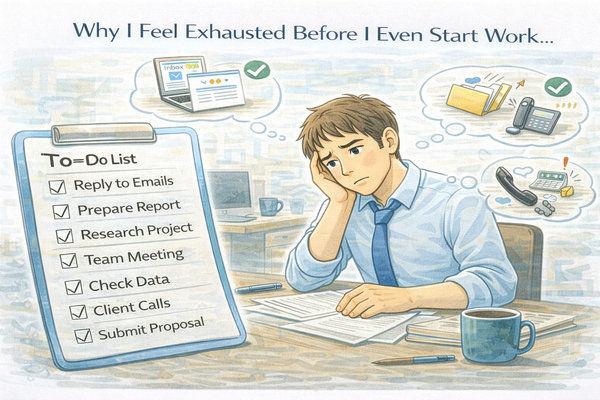 일을 시작하기 전에 지치는 이유를 보여주는 업무 목록과 고민하는 직장인 모습