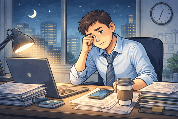 퇴근 시간이 항상 늦어지는 이유로 지친 직장인의 모습