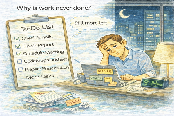 하루 종일 일해도 할 일이 남는 이유를 보여주는 업무 목록과 늦은 퇴근 상황