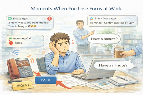 회사에서 집중력이 끊기는 순간들을 보여주는 알림과 업무 방해 상황