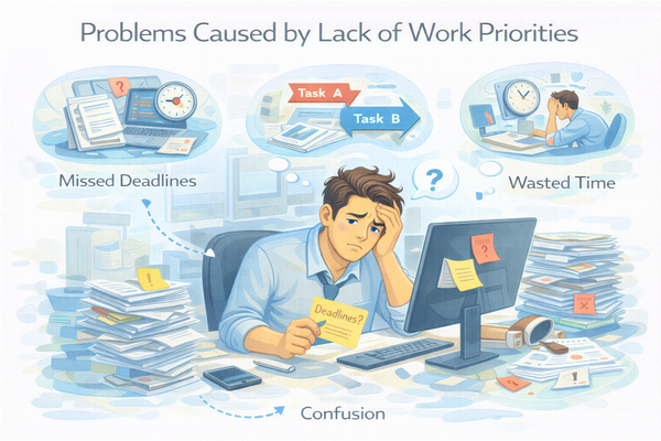 업무 기준이 없을 때 생기는 문제를 보여주는 업무 우선순위를 고민하는 직장인의 모습