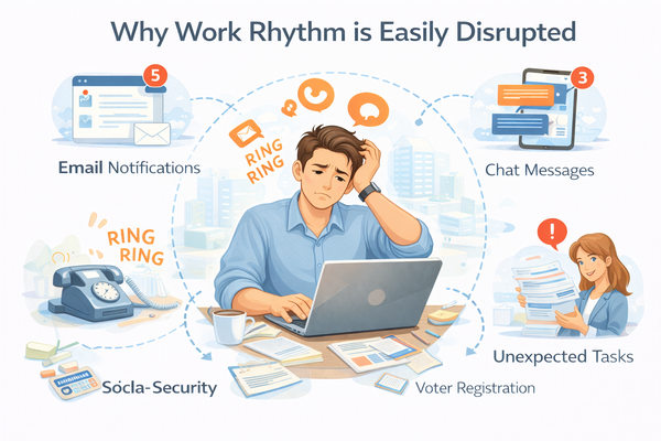 업무 리듬이 무너지는 이유를 보여주는 집중이 끊긴 직장인의 업무 환경