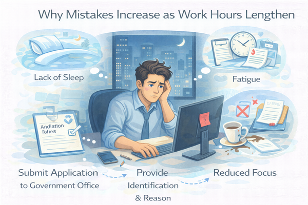 업무 시간이 길어질수록 실수가 늘어나는 이유를 보여주는 늦은 시간까지 일하는 직장인의 업무 환경