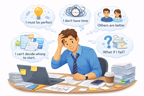 업무 효율을 떨어뜨리는 생각 방식을 보여주는 복잡한 업무 판단을 하는 직장인의 모습