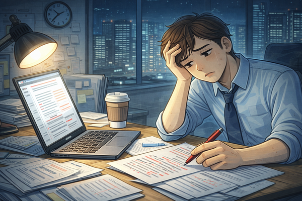 일을 잘하려다 더 피곤해지는 이유를 보여주는 늦은 시간까지 수정 작업을 하는 직장인의 모습